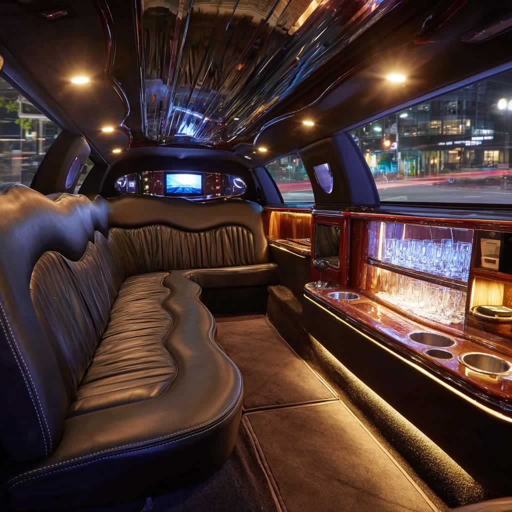 Interior of a black Lincoln Town Car limo