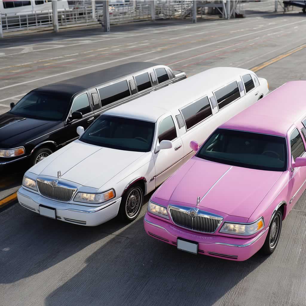 Lincoln Town Car lineup from above in black, white and pink