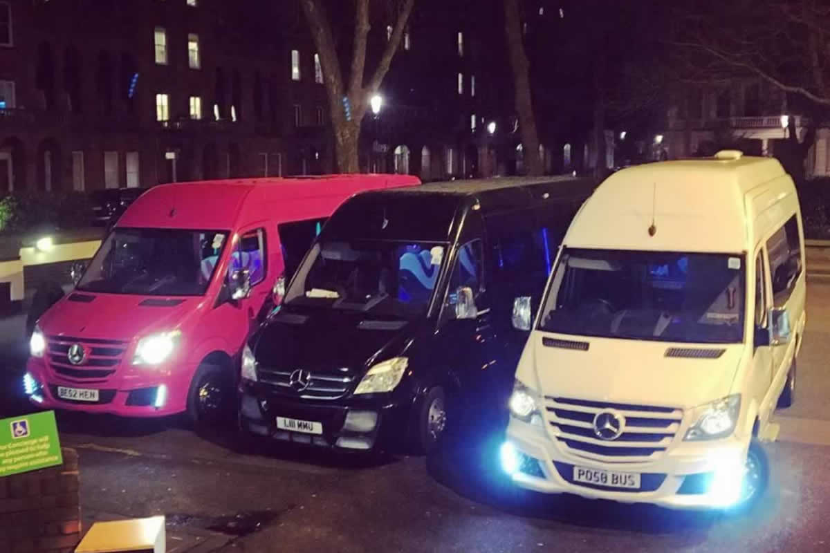 lineup of 3 party buses in black, white and pink