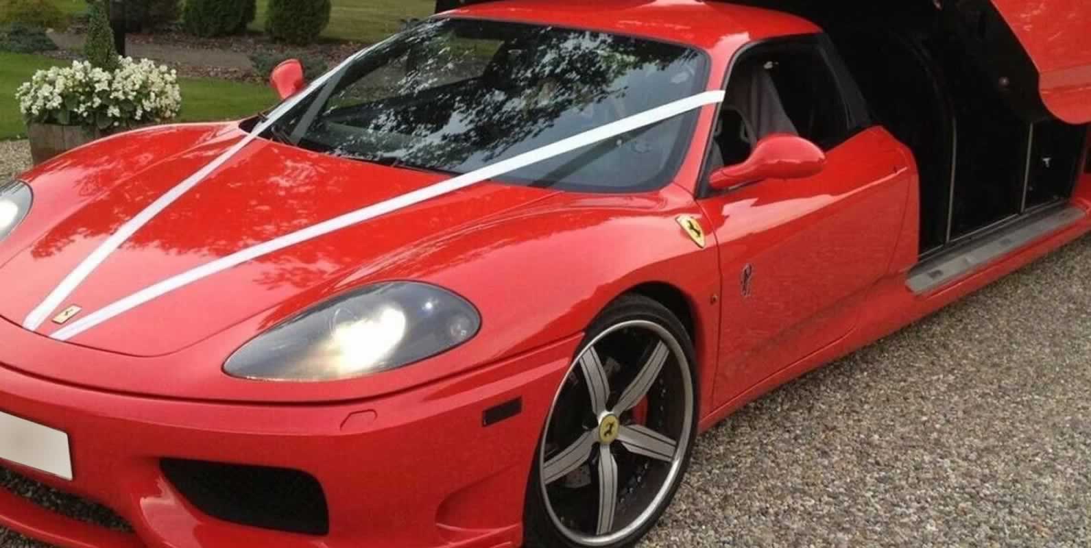 Ferrari stretch limo with weddiing ribboins